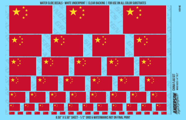 ASG Waterslide Decals - China Flag Mixed Sizes 1/4" to 2"
