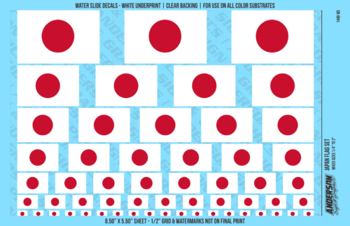 ASG Waterslide Decals - Japan Flag Mixed Sizes 1/4" to 2"