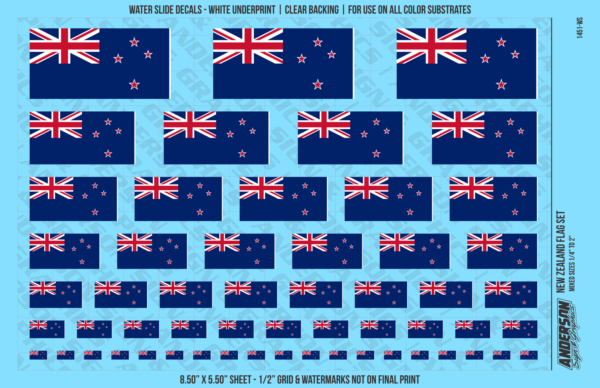 ASG Waterslide Decals - New Zealand Flag Mixed Sizes 1/4" to 2"