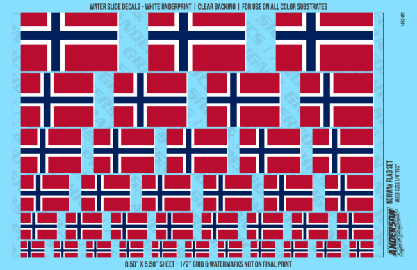 10-296.png ASG Waterslide Decals - Norway Flag Mixed Sizes 1/4" to 2"
