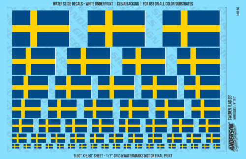 ASG Waterslide Decals - Sweden Flag Mixed Sizes 1/4" to 2"