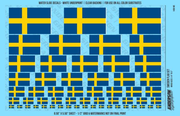 ASG Waterslide Decals - Sweden Flag Mixed Sizes 1/4" to 2"