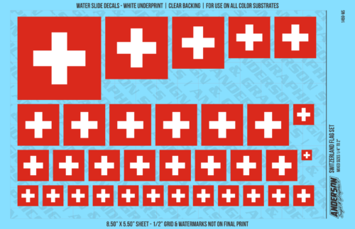 ASG Waterslide Decals - Switzerland Flag Mixed Sizes 1/4" to 2"