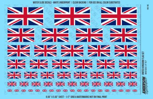 ASG Waterslide Decals - United Kingdom Flag Mixed Sizes 1/4" to 2"
