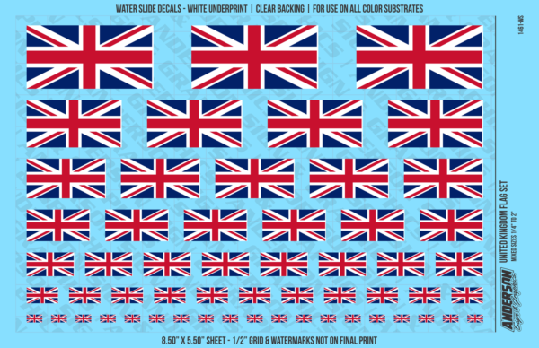 ASG Waterslide Decals - United Kingdom Flag Mixed Sizes 1/4" to 2"