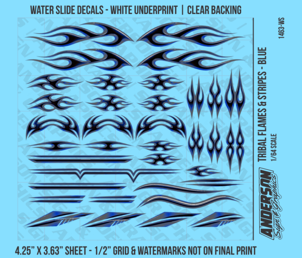 ASG Waterslide Decals - 1/64 Tribal Flames & Stripes - Blue