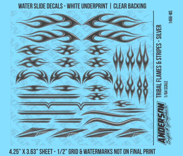 ASG Waterslide Decals - 1/64 Tribal Flames & Stripes - Silver
