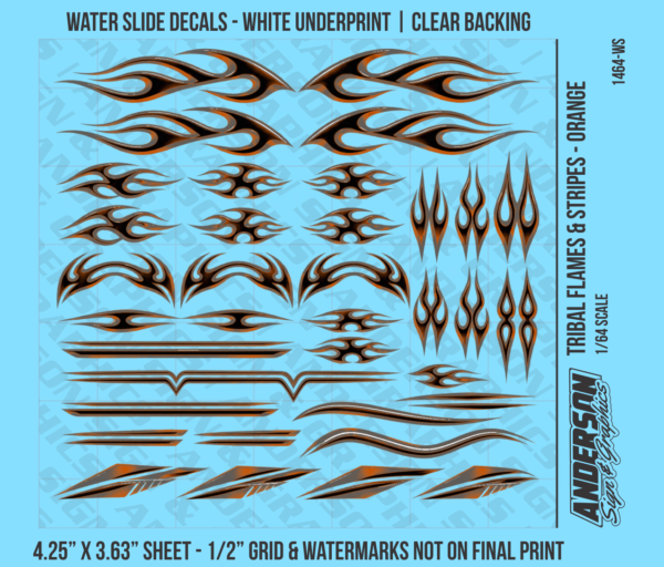 ASG Waterslide Decals - 1/64 Tribal Flames & Stripes - Orange