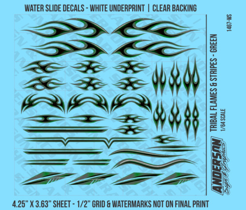 ASG Waterslide Decals - 1/64 Tribal Flames & Stripes - Green