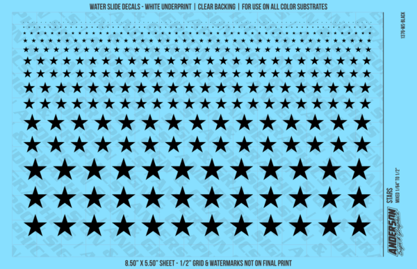 ASG Waterslide Decals - Solid 5-Point Stars Set Mixed Sizes