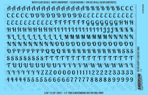 ASG Waterslide Decals - Retro Script Lettering Numbers 5/16"