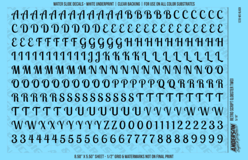 ASG Waterslide Decals - Retro Script Lettering Numbers 3/8"