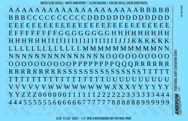 ASG Waterslide Decals - Traditional Serif Lettering Numbers 1/4"