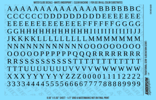 ASG Waterslide Decals - Traditional Serif Lettering Numbers 5/16"