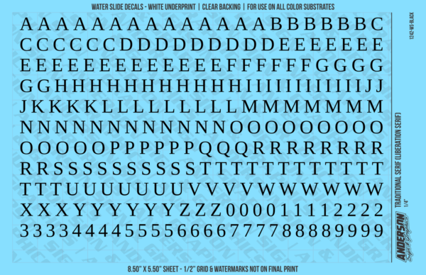 ASG Waterslide Decals - Traditional Serif Lettering Numbers 5/16"