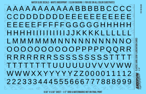 ASG Waterslide Decals - Classic Sans Serif Lettering Numbers 3/8"