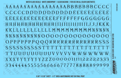 ASG Waterslide Decals - Classic Serif Lettering Numbers 5/16"