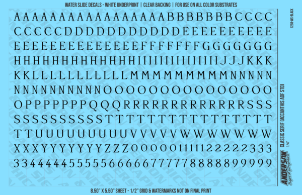 ASG Waterslide Decals - Classic Serif Lettering Numbers 5/16"
