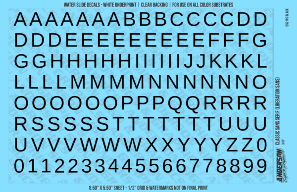 ASG Waterslide Decals - Classic Sans Serif Lettering Numbers 1/2"