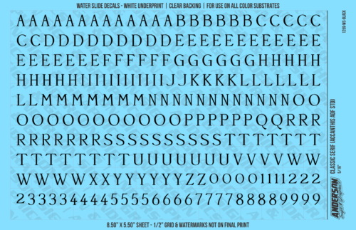 ASG Waterslide Decals - Classic Serif Lettering Numbers 3/8"