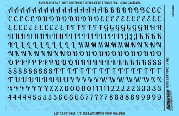 ASG Waterslide Decals - Retro Script Lettering Numbers 5/16"