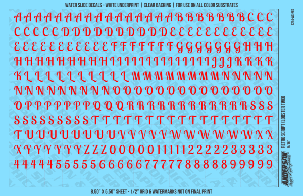 ASG Waterslide Decals - Retro Script Lettering Numbers 5/16"