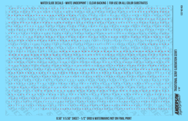 ASG Waterslide Decals - Traditional Serif Lettering Numbers 1/16"