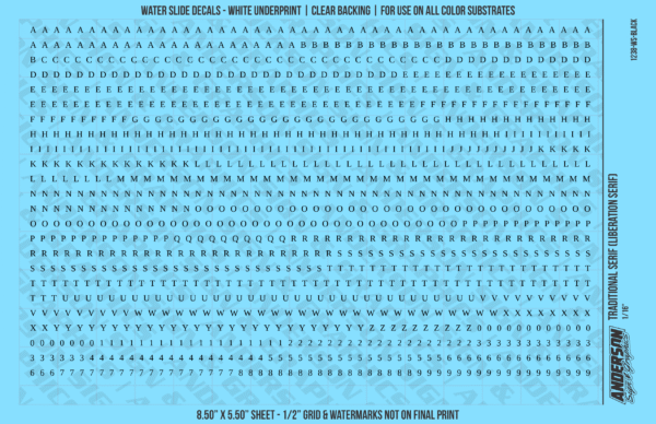 ASG Waterslide Decals - Traditional Serif Lettering Numbers 3/32"