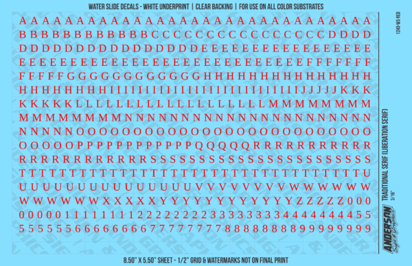 ASG Waterslide Decals - Traditional Serif Lettering Numbers 3/16"