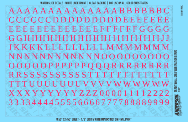 ASG Waterslide Decals - Traditional Serif Lettering Numbers 5/16"