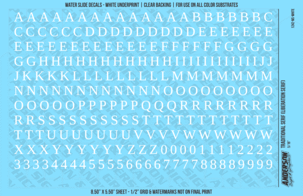 ASG Waterslide Decals - Traditional Serif Lettering Numbers 5/16"
