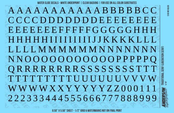 ASG Waterslide Decals - Traditional Serif Lettering Numbers 3/8"