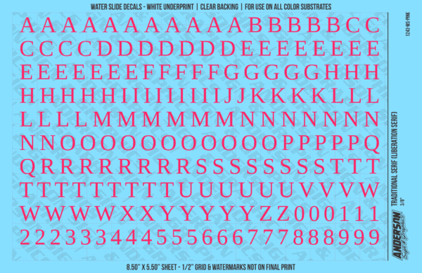 ASG Waterslide Decals - Traditional Serif Lettering Numbers 3/8"
