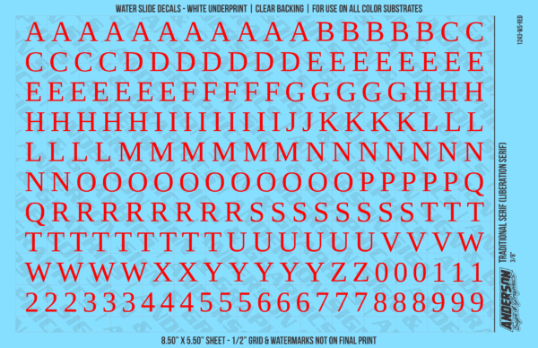 ASG Waterslide Decals - Traditional Serif Lettering Numbers 3/8"