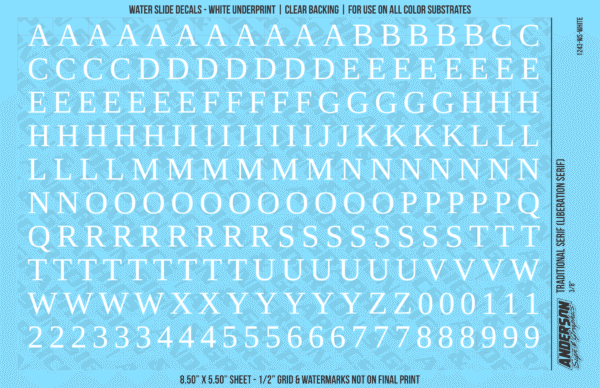 ASG Waterslide Decals - Traditional Serif Lettering Numbers 3/8"
