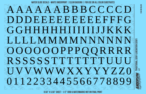 ASG Waterslide Decals - Traditional Serif Lettering Numbers 1/2"