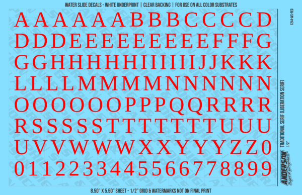 ASG Waterslide Decals - Traditional Serif Lettering Numbers 1/2"