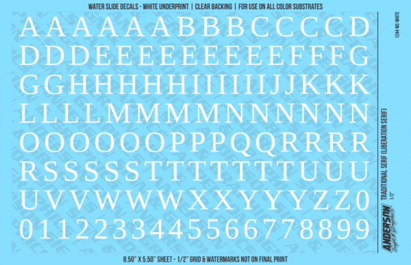 ASG Waterslide Decals - Traditional Serif Lettering Numbers 1/2"