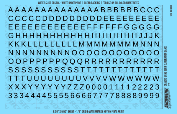 ASG Waterslide Decals - Classic Sans Serif Lettering Numbers 5/16"