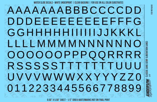 ASG Waterslide Decals - Classic Sans Serif Lettering Numbers 1/2"