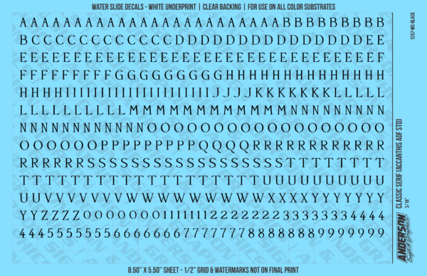 ASG Waterslide Decals - Classic Serif Lettering Numbers 1/4"