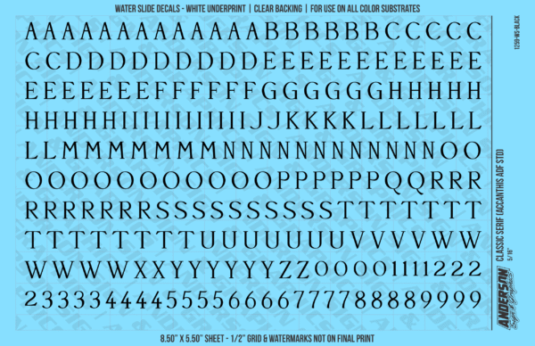 ASG Waterslide Decals - Classic Serif Lettering Numbers 3/8"
