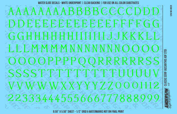 ASG Waterslide Decals - Classic Serif Lettering Numbers 1/2"