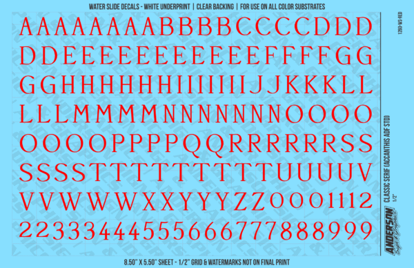 ASG Waterslide Decals - Classic Serif Lettering Numbers 1/2"