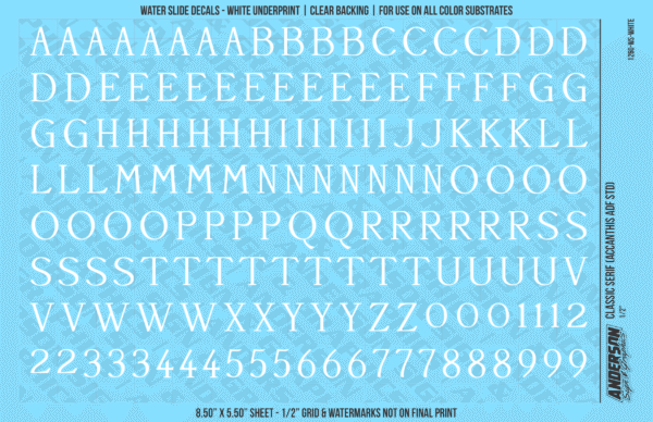 ASG Waterslide Decals - Classic Serif Lettering Numbers 1/2"