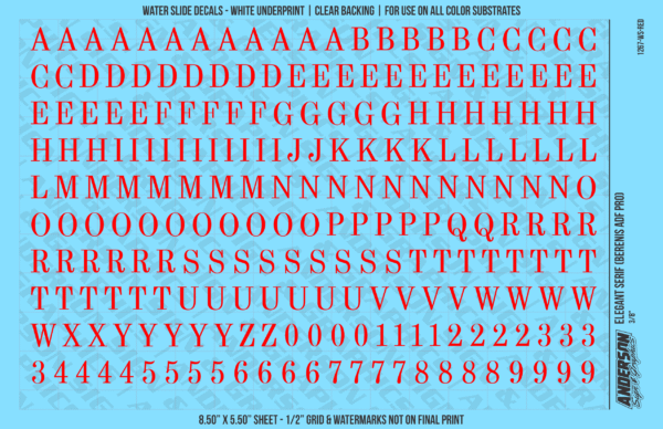ASG Waterslide Decals - Elegant Serif Lettering Numbers 3/8"