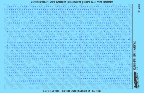 ASG Waterslide Decals - Rounded Sans Serif Lettering Numbers 1/16"