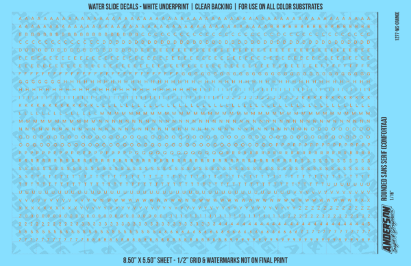 ASG Waterslide Decals - Rounded Sans Serif Lettering Numbers 1/16"