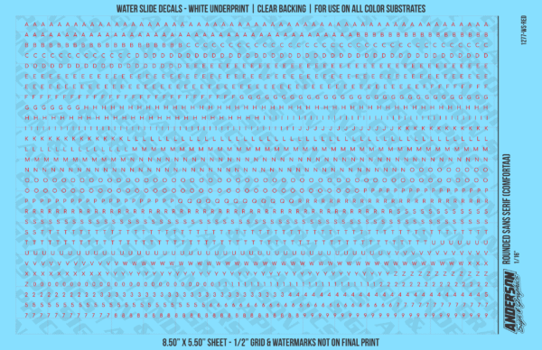 ASG Waterslide Decals - Rounded Sans Serif Lettering Numbers 1/16"