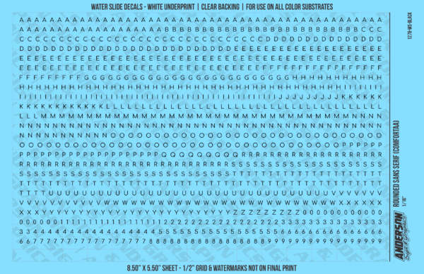 ASG Waterslide Decals - Rounded Sans Serif Lettering Numbers 3/32"